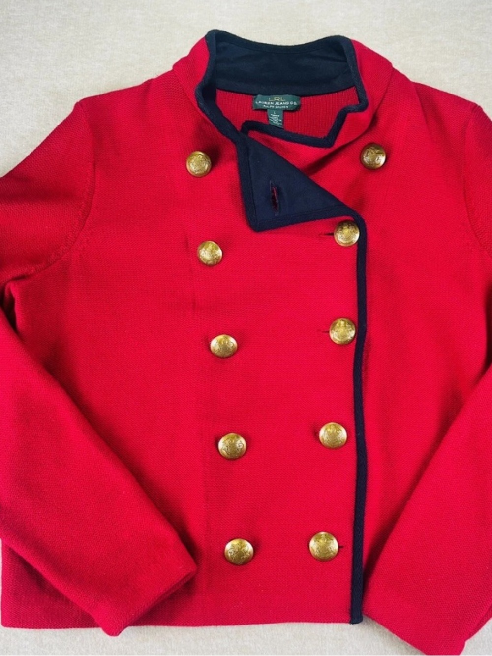 NWT Ralph Lauren Red Double-Breasted Sweater Coat with Black Trim XL